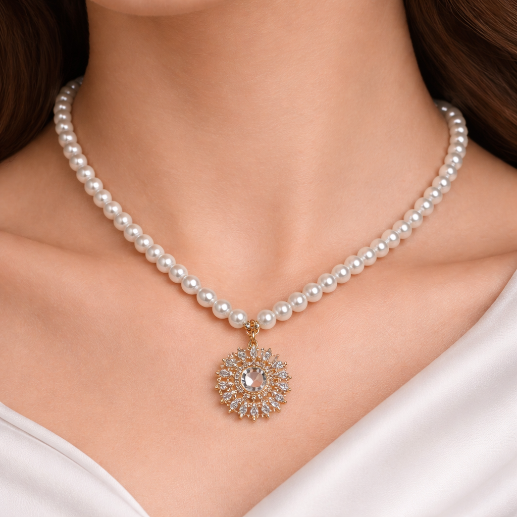 Classic Pearl Necklace with Round Crystal Pendant for Women