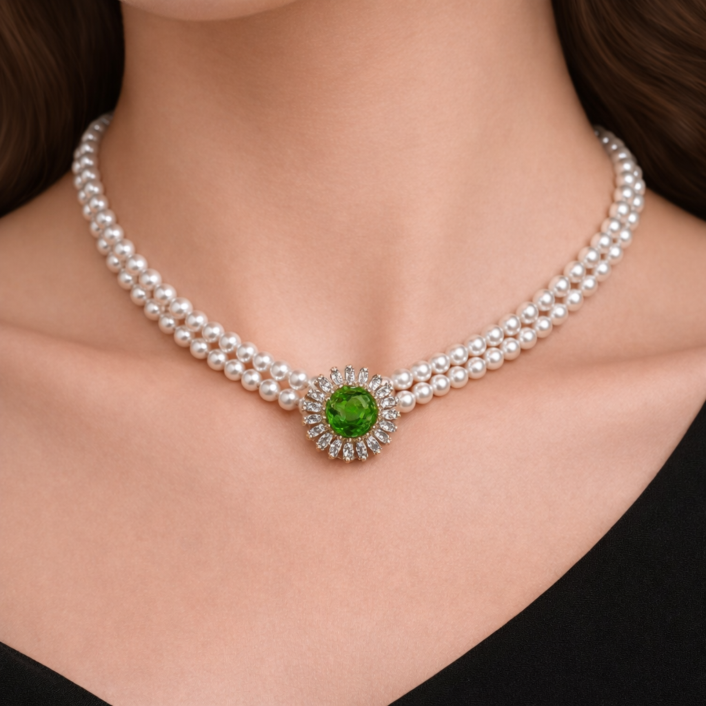 Elegant Double Layer Pearl Necklace with Green Stone Pendant for Women