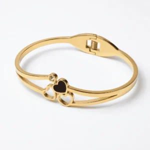 Stylish Open Cuff Clover & Heart Gold Finish Bracelet for Girls & Women