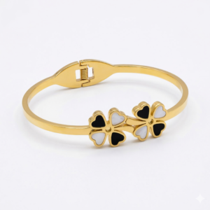 Trendy Dual Clover Black & White Gold Finish Bracelet for Girls & Women