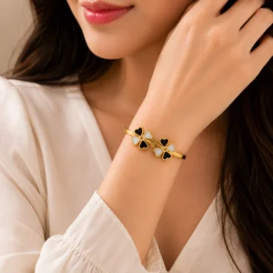 Trendy Dual Clover Black & White Gold Finish Bracelet for Girls & Women