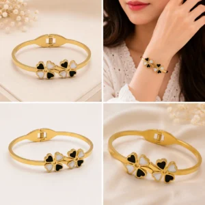 Trendy Dual Clover Black & White Gold Finish Bracelet for Girls & Women