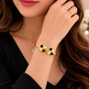 Trendy Dual Clover Black & White Gold Finish Bracelet for Girls & Women