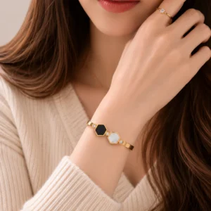 Modern Geometric Hexagon Gold Finish Bracelet for Girls & Women