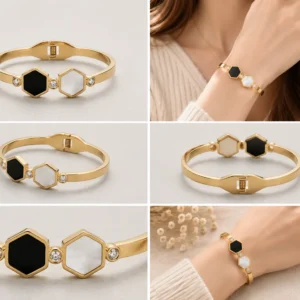 Modern Geometric Hexagon Gold Finish Bracelet for Girls & Women