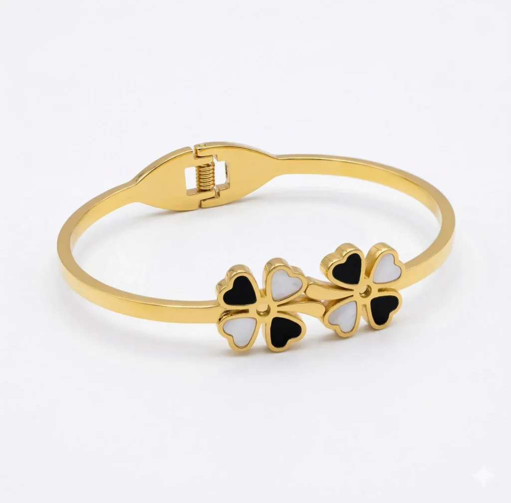 Trendy Dual Clover Black & White Gold Finish Bracelet for Girls & Women